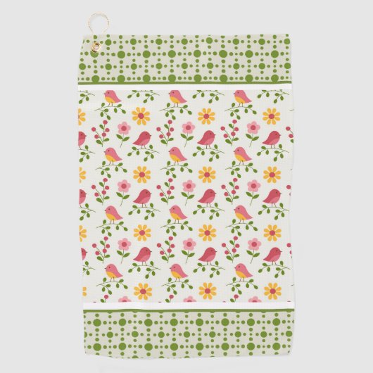 Retro Roze paneel van lente-vogels Golfhanddoek (Voorkant)
