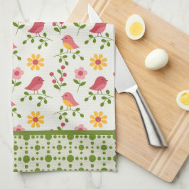 Retro Roze paneel van lente-vogels Theedoek