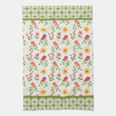 Retro Roze paneel van lente-vogels Theedoek (Verticaal)