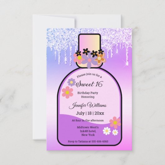 Retro roze parfum zoet 16 druipende glitters kaart (Voorkant)