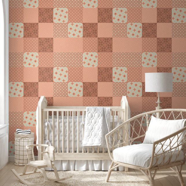 Retro Roze Patchwork Behang (Kinderen)