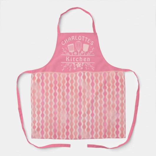 Retro Roze Patroon Gepersonaliseerde Naam Vrouwen  Schort (Voorkant)