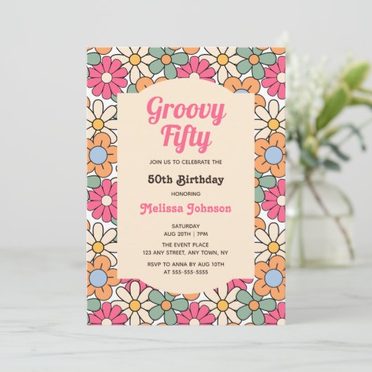 Retro Roze Peach Bloemen Groovy 50ste verjaardag Kaart (Staand voorkant)