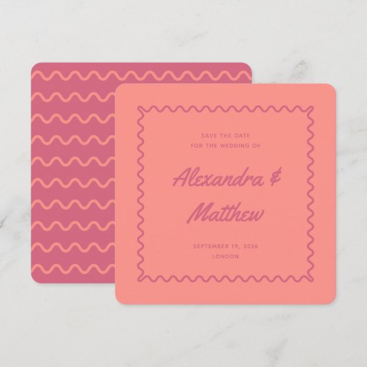 Retro  Roze Peach Wavy Lijst Wedding Save The Date (Voorkant / Achterkant)
