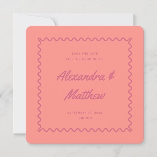 Retro  Roze Peach Wavy Lijst Wedding Save The Date (Voorkant)