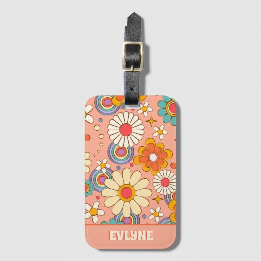 Retro Roze Perzik Sinaasappel Groovy Bloemen Trend Bagagelabel (Voorkant (verticaal))