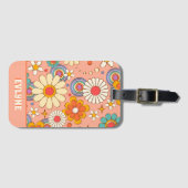 Retro Roze Perzik Sinaasappel Groovy Bloemen Trend Bagagelabel (Voorkant (horizontaal))