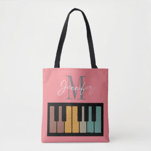 Retro Roze Piano Monogram Naam Gepersonaliseerd Tote Bag