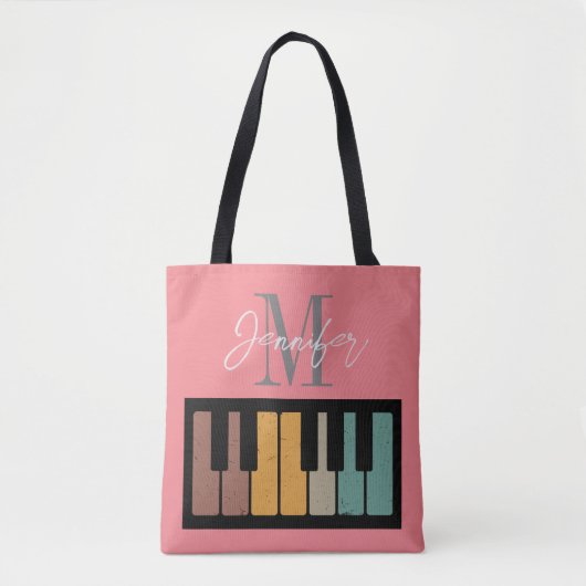 Retro Roze Piano Monogram Naam Gepersonaliseerd Tote Bag (Voorkant)