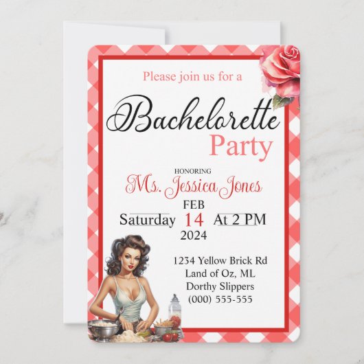 Retro Roze Pinup Bachelorette Feestuitnodiging Kaart (Voorkant)