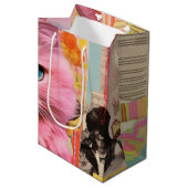 Retro roze pluizige kat collage medium cadeauzakje (Voorkant Gekanteld)