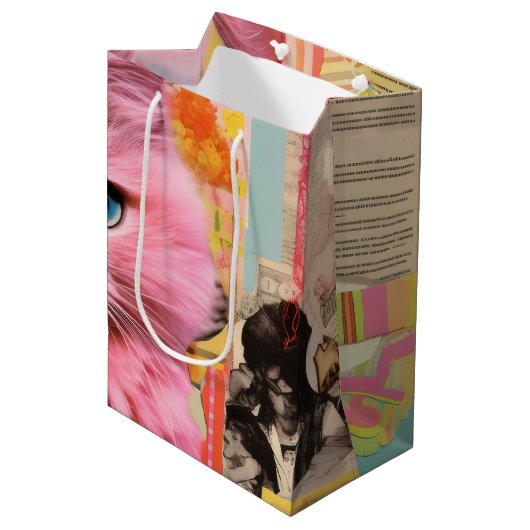 Retro roze pluizige kat collage medium cadeauzakje (Voorkant Gekanteld)