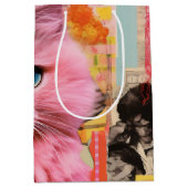 Retro roze pluizige kat collage medium cadeauzakje (Voorkant)