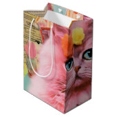 Retro roze pluizige kat collage medium cadeauzakje (Achterkant Gekanteld)