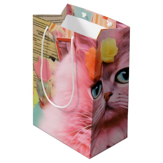 Retro roze pluizige kat collage medium cadeauzakje (Achterkant Gekanteld)