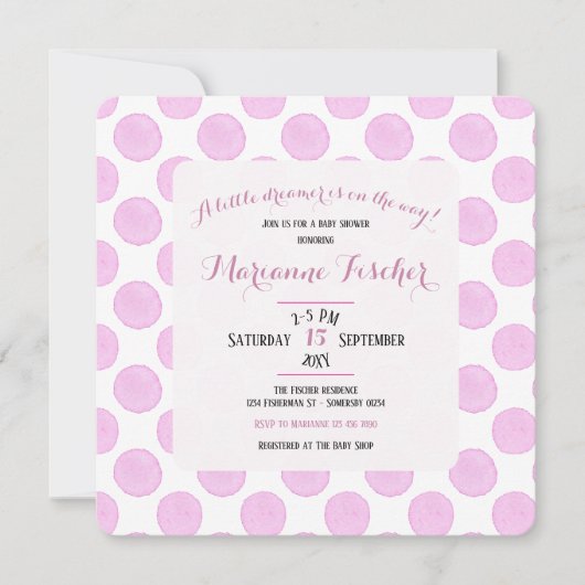 Retro roze polka stippen meisje babyshower uitnodi (Voorkant)
