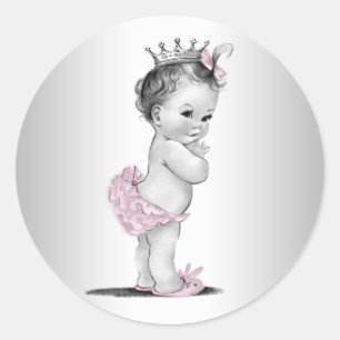 Retro Roze Prinses Baby Borrelstickers Ronde Sticker
