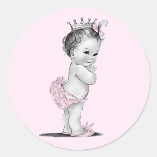 Retro Roze Prinses Baby Borrelstickers Ronde Sticker (Voorkant)