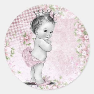 Retro Roze Prinses Baby Shower Stickers