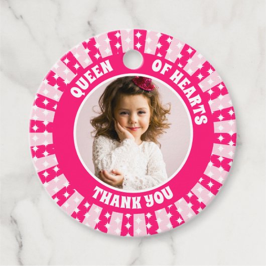 Retro roze Queen of Hearts Verjaardagsfoto Bedankjes Labels (Voorkant)