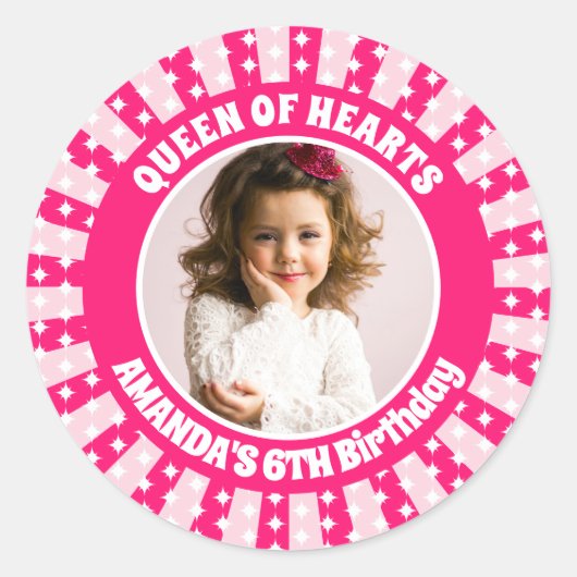 Retro roze Queen of Hearts Verjaardagsfoto Ronde Sticker (Voorkant)