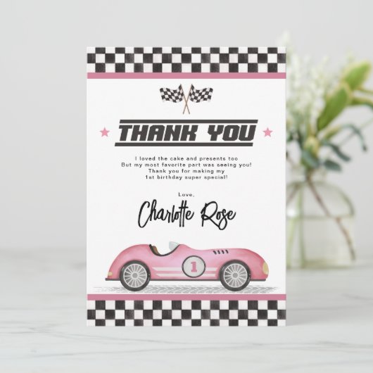 Retro Roze Race Auto Meisje Verjaardagsfeest Bedankkaart (Staand voorkant)