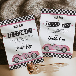 Retro Roze Race Auto Meisje Verjaardagsfeest Bedankkaart