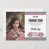 Retro Roze Race Auto Meisje Verjaardagsfeestfoto Bedankkaart (Voorkant)