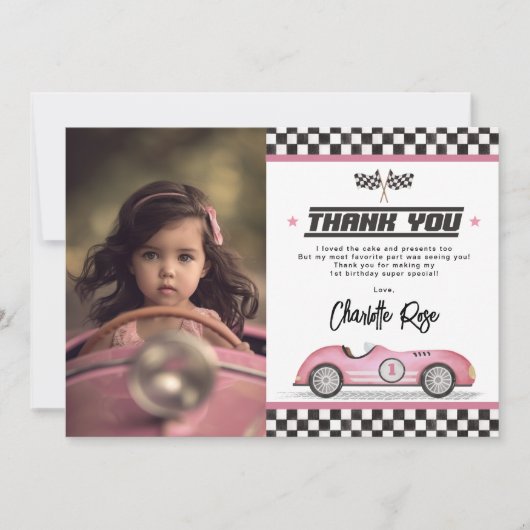 Retro Roze Race Auto Meisje Verjaardagsfeestfoto Bedankkaart (Voorkant)