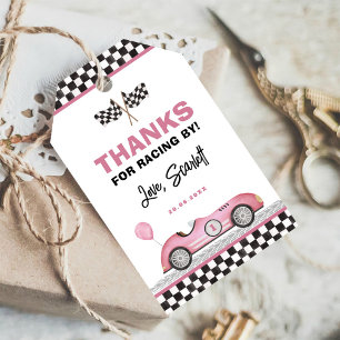 Retro Roze Race Auto Snel Een Meisje Verjaardag Gu Cadeaulabel