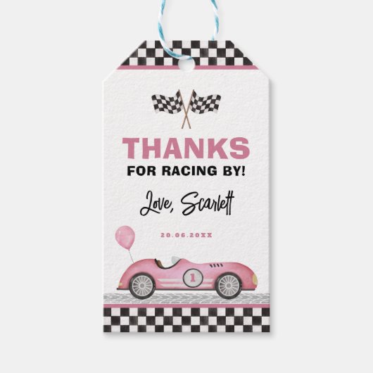 Retro Roze Race Auto Snel Een Meisje Verjaardag Gu Cadeaulabel (Voorkant)