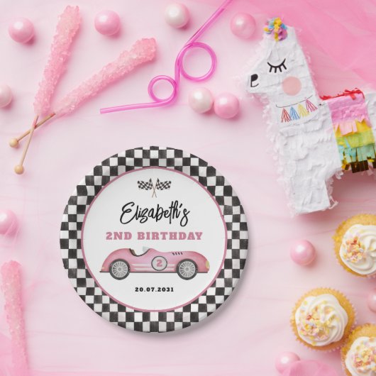 Retro Roze Race Auto Twee Snel Meisje Verjaardag Papieren Bordje (Feest)