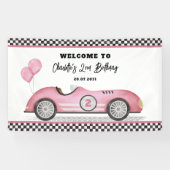 Retro Roze Race Auto Twee Snel Meisje Verjaardag W Spandoek (Horizontaal)