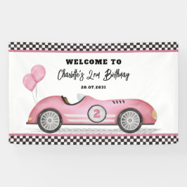 Retro Roze Race Auto Twee Snel Meisje Verjaardag W Spandoek