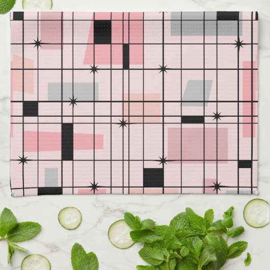 Retro roze raster en Starbursts keukenhanddoek (Gevouwen)