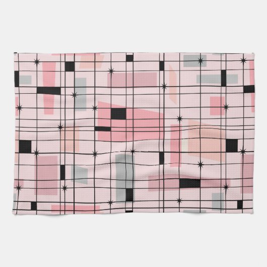 Retro roze raster en Starbursts keukenhanddoek (Horizontaal)