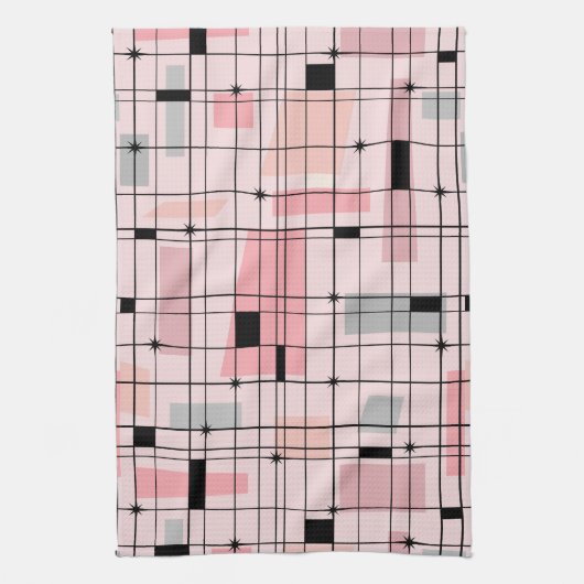 Retro roze raster en Starbursts keukenhanddoek (Verticaal)