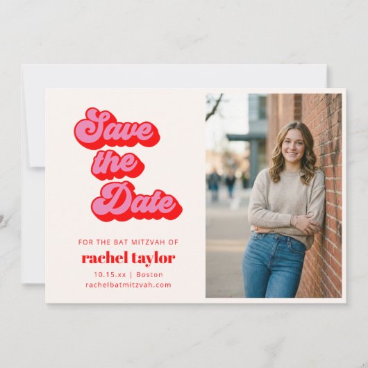 Retro Roze Rode Bat Mitzvah Foto Save The Date (Voorkant)