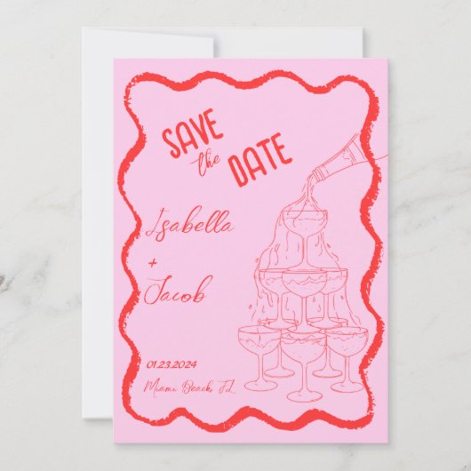 Retro Roze Rode Champagne Toren Wave Save the Date Kaart (Voorkant)
