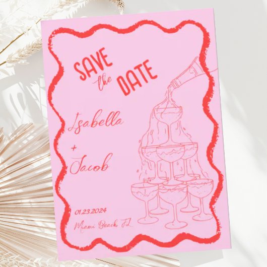 Retro Roze Rode Champagne Toren Wave Save the Date Kaart