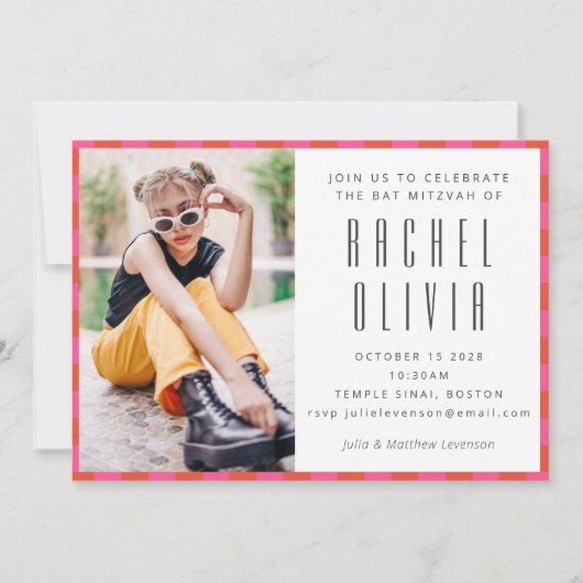 Retro Roze Rode Checkerboard Bat Mitswa Foto Kaart (Voorkant)