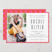 Retro Roze Rode Checkerboard Bat Mitswa Foto Kaart (Voorkant / Achterkant)