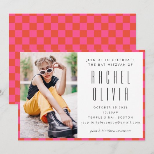 Retro Roze Rode Checkerboard Bat Mitswa Foto Kaart (Voorkant / Achterkant)