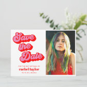 Retro Roze Rode Checkerboard Bat Mitswa Foto Save The Date (Staand voorkant)