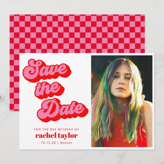 Retro Roze Rode Checkerboard Bat Mitswa Foto Save The Date (Voorkant / Achterkant)