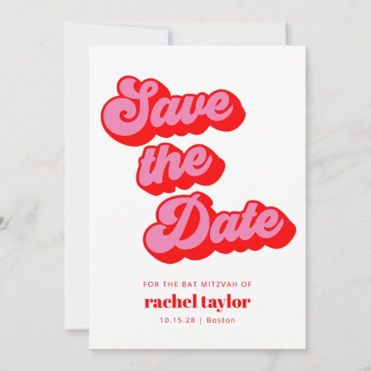Retro Roze Rode Checkerboard Bat Mitzvah Save The Date (Voorkant)