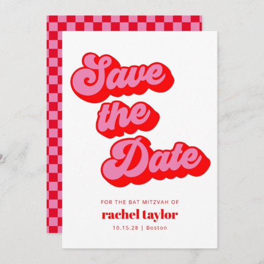 Retro Roze Rode Checkerboard Bat Mitzvah Save The Date (Voorkant / Achterkant)
