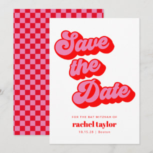 Retro Roze Rode Checkerboard Bat Mitzvah Save The Date