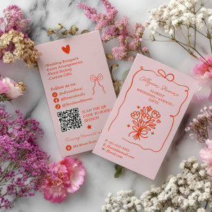 Retro Roze Rode Doodles Bloemist Kunstenaar QR Cod Visitekaartje
