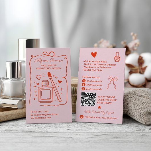 Retro Roze Rode Doodles Nagelkunstenaar QR Code Visitekaartje